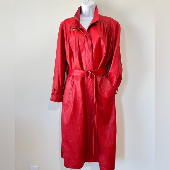 Vintage Red Genuine Leather Belted Trench Coat By Breier of Amsterdam Size 10 - Picture 4 of 16